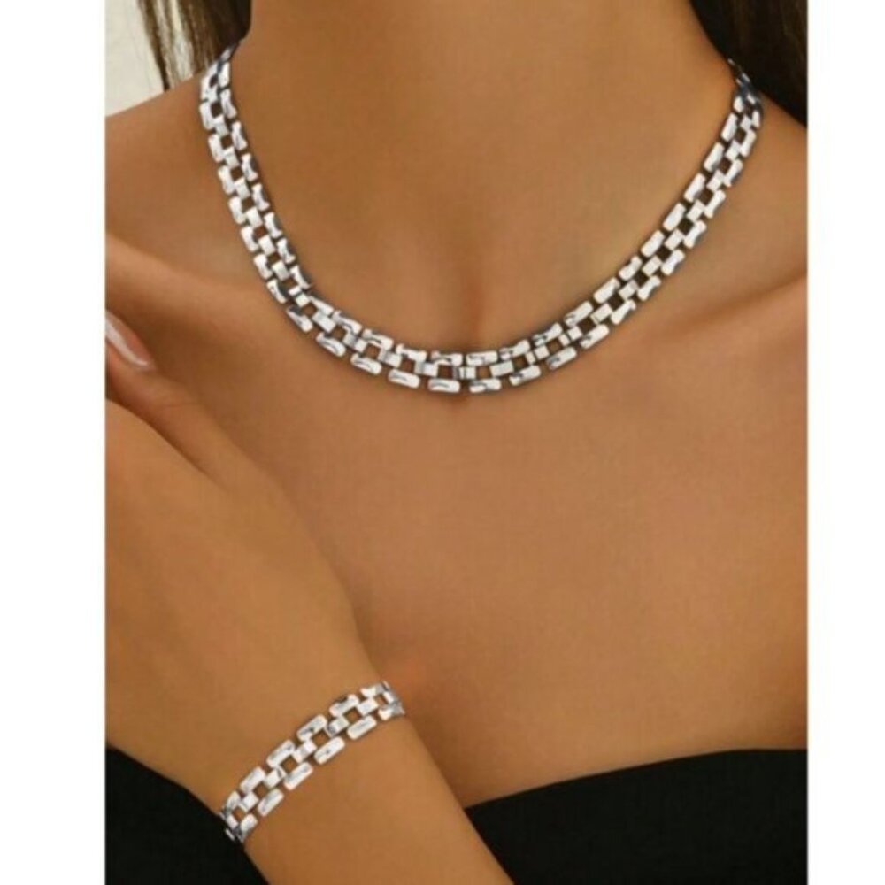 Silver Box Link Necklace & Bracelet Set